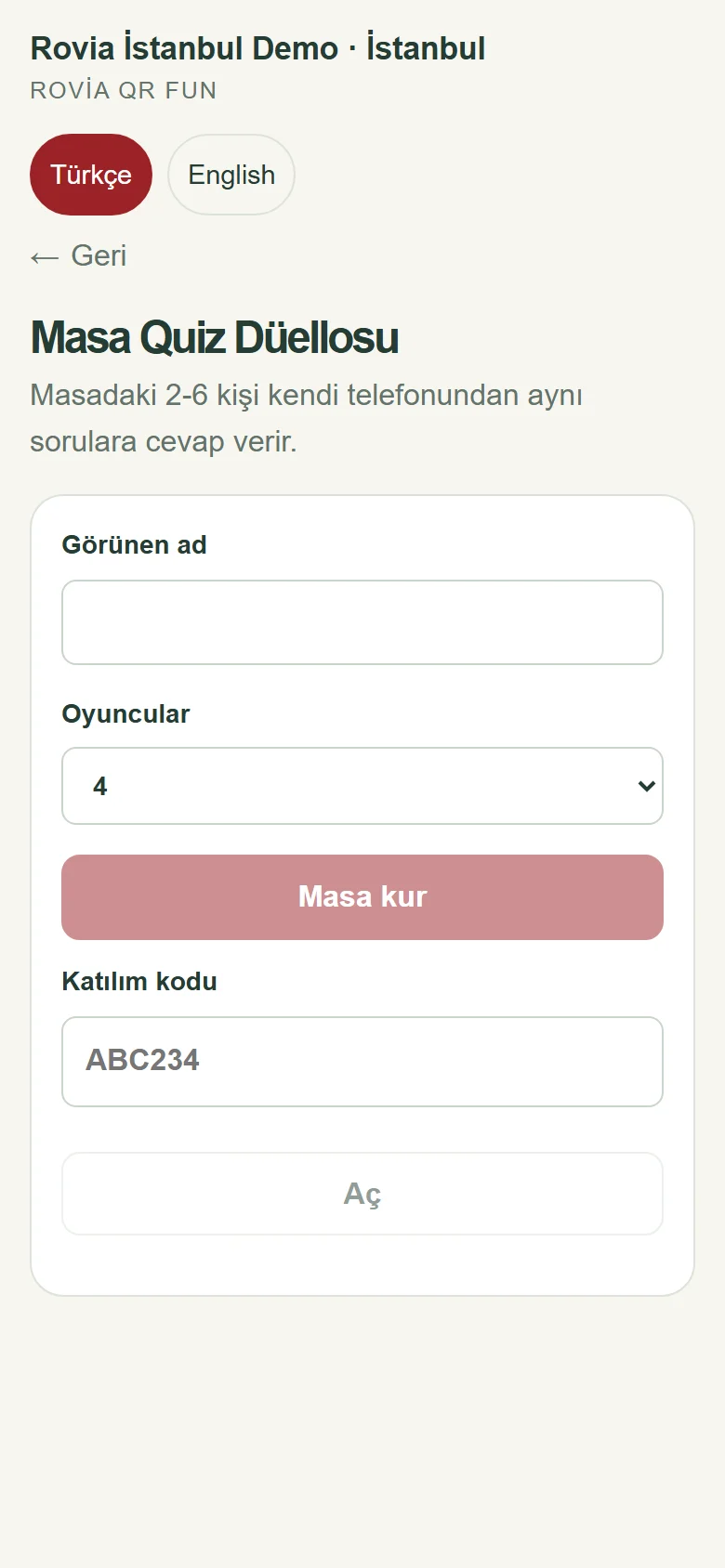Masa Quiz Düellosu ekranında oyuncu sayısı, masa kurma ve katılım kodu alanları.