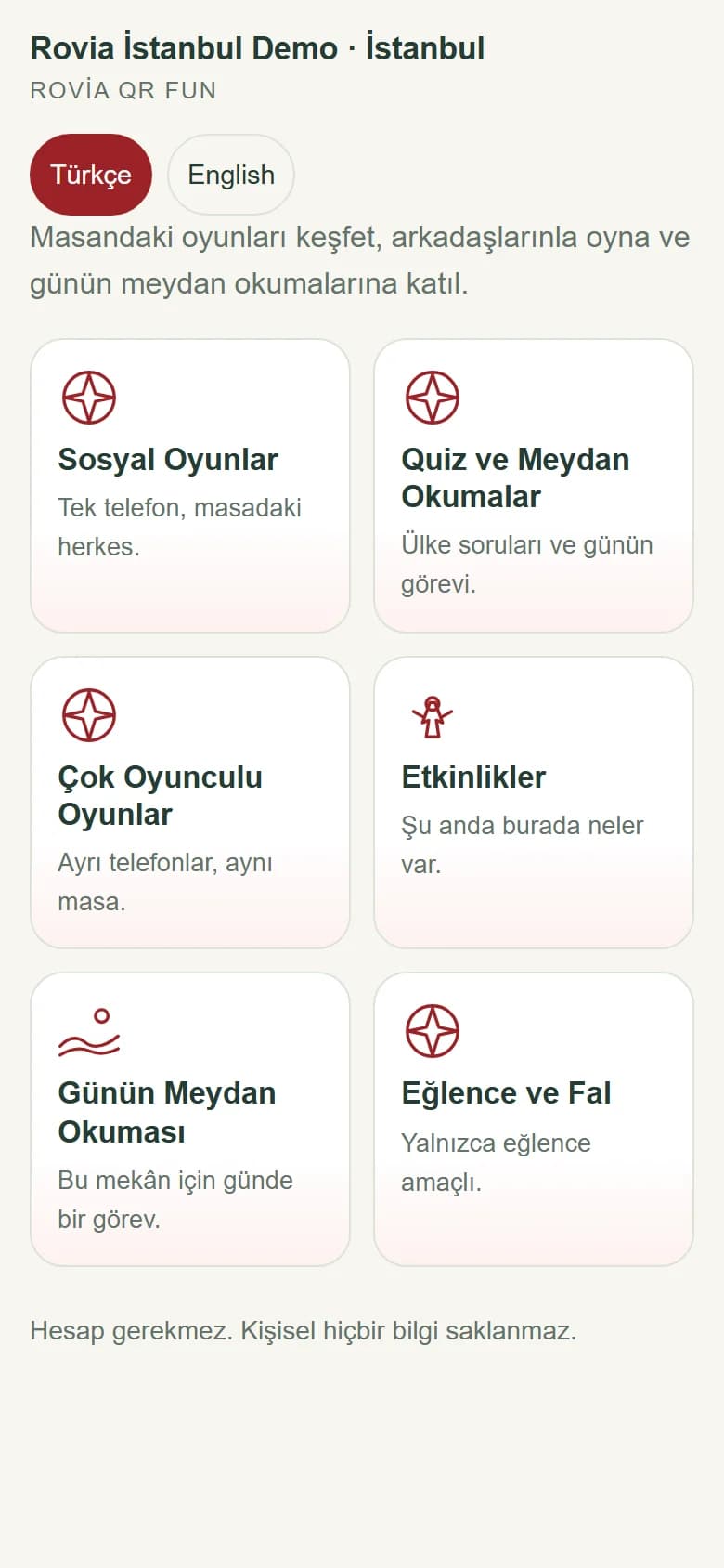 QR Fun canlı demo ana ekranı: sosyal oyunlar, quizler, çok oyunculu oyunlar ve günün meydan okuması kategorileri.