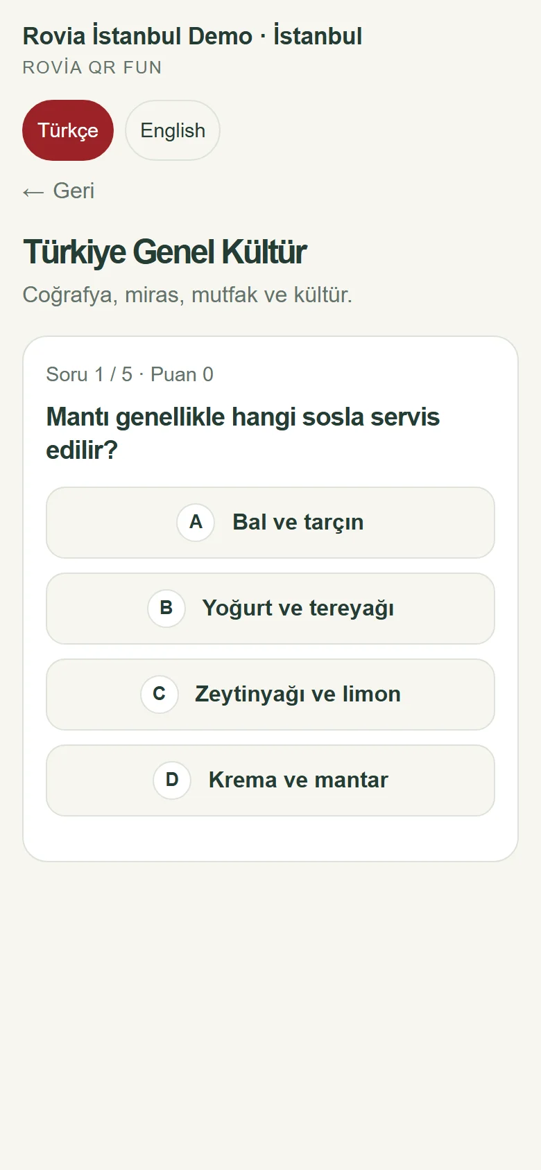 Türkiye Genel Kültür quizinde bir soru ve dört şık.